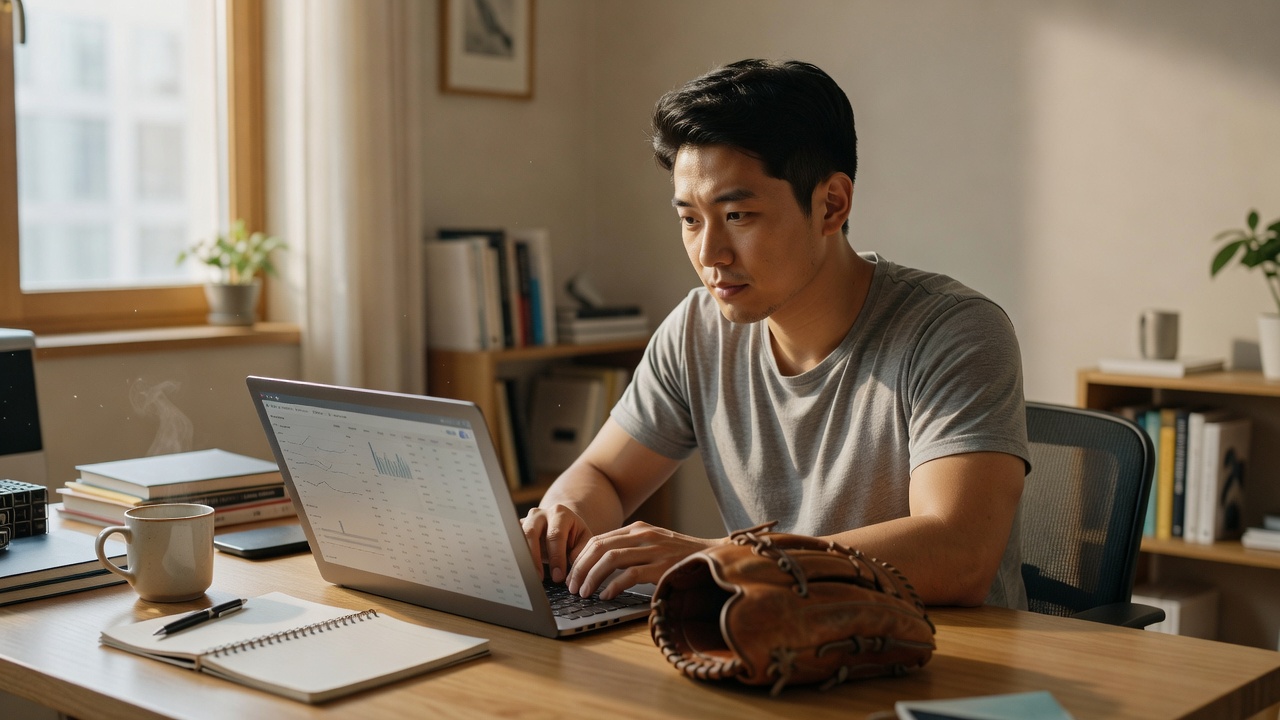 노트북으로 KBO 경기 분석을 하는 팬의 모습