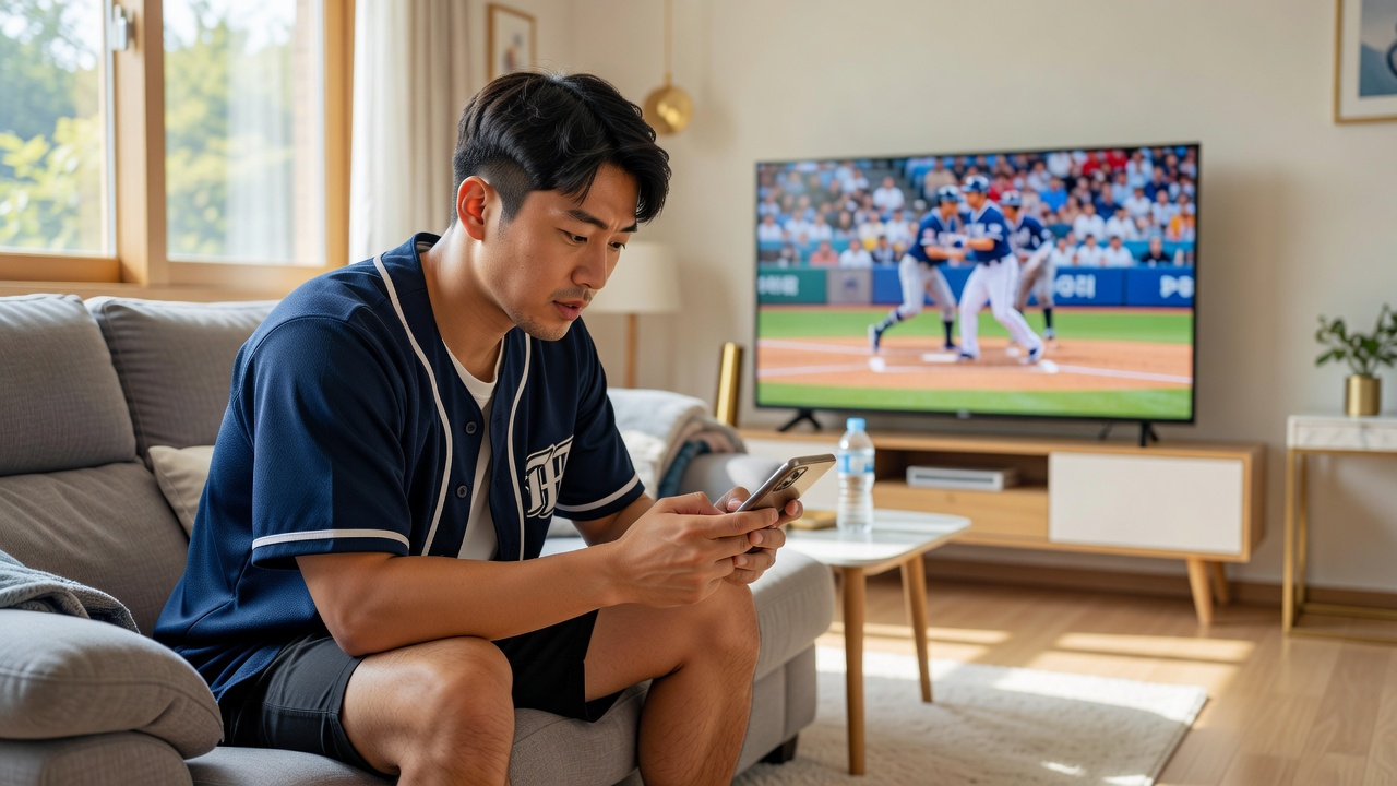KBO 경기 결과 일정 확인을 스마트폰으로 하는 팬의 모습