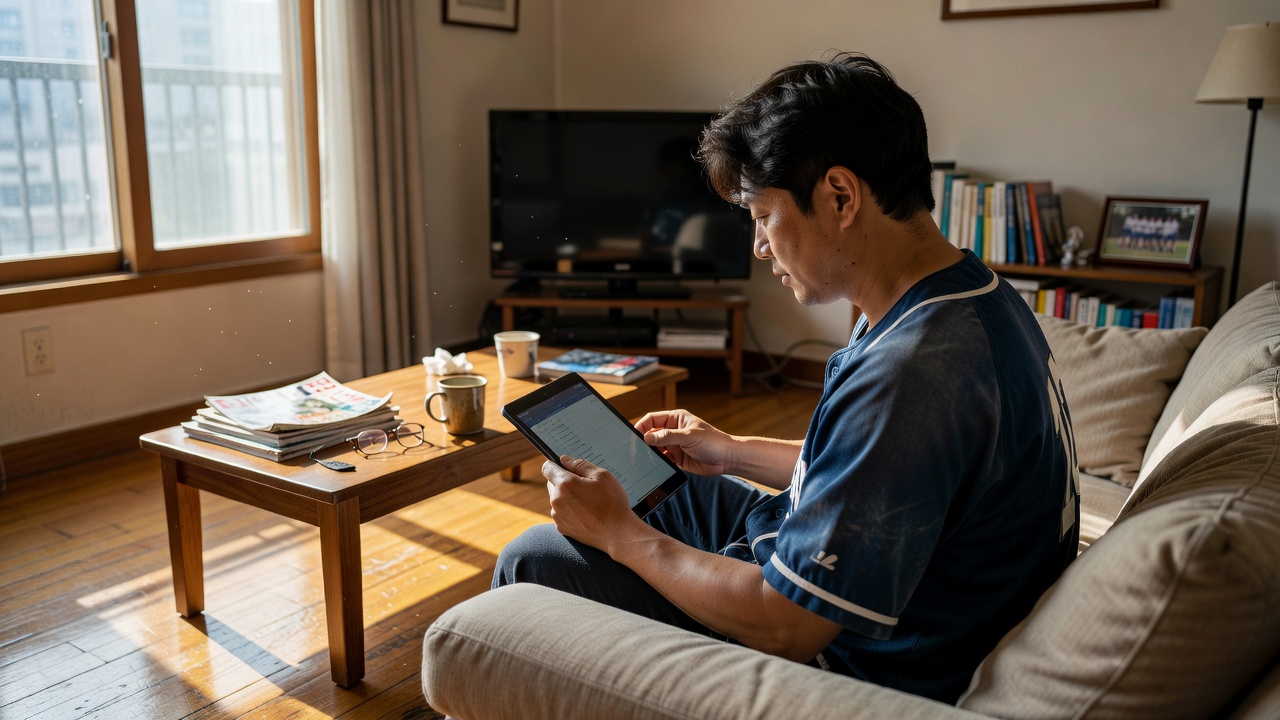 이번 주 KBO 경기 일정을 태블릿으로 확인하는 모습